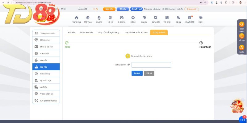 Rút tiền TD88 nhanh chóng với các bước đơn giản